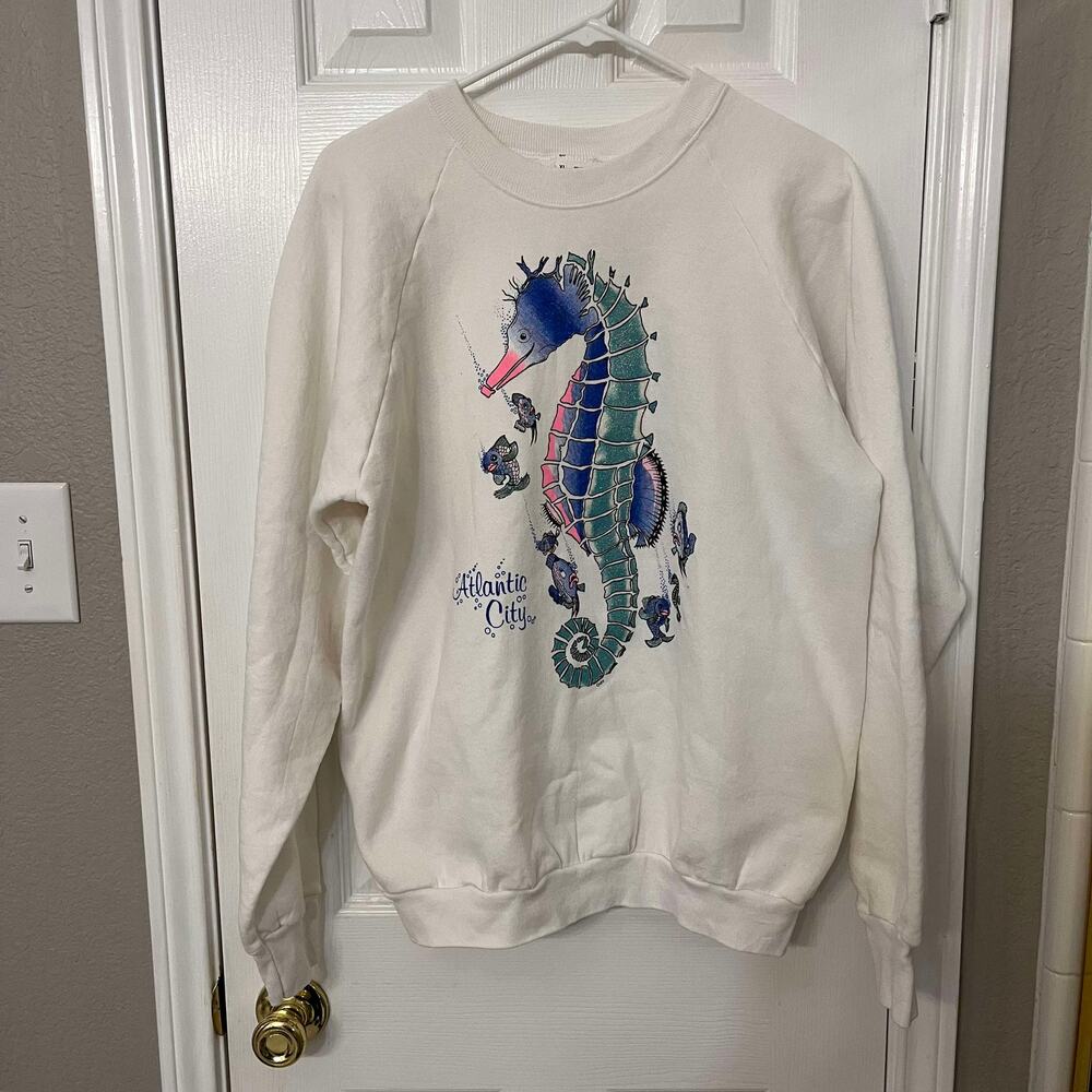 Vintage White Atlantic City Seahorse Long Sleeve Crewneck Sweatshirt Size XL